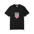 USA Shield T-Shirt — Patriotic Red & Blue Crest Tee