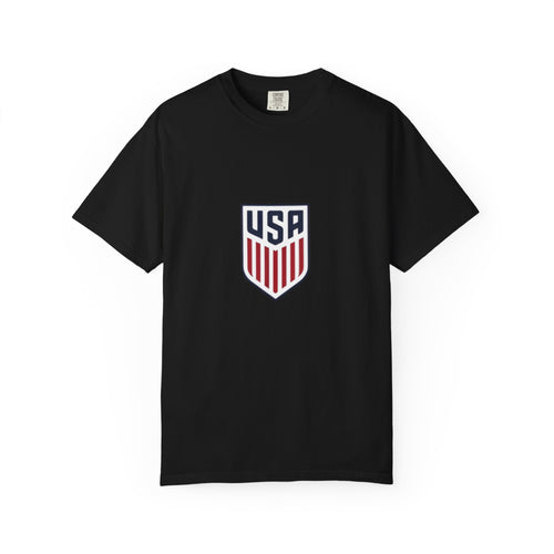 USA Shield T-Shirt — Patriotic Red & Blue Crest Tee