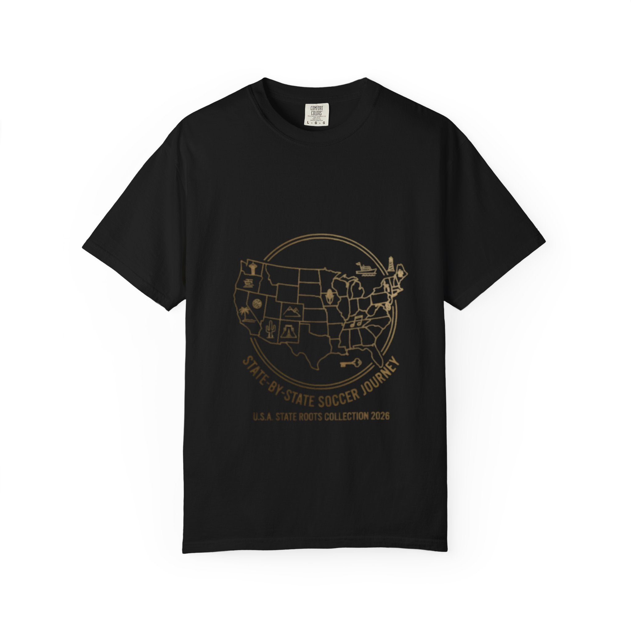 State-by-State Soccer Journey T-Shirt — USA Map Soccer Tour Tee