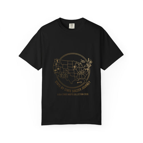 State-by-State Soccer Journey T-Shirt — USA Map Soccer Tour Tee
