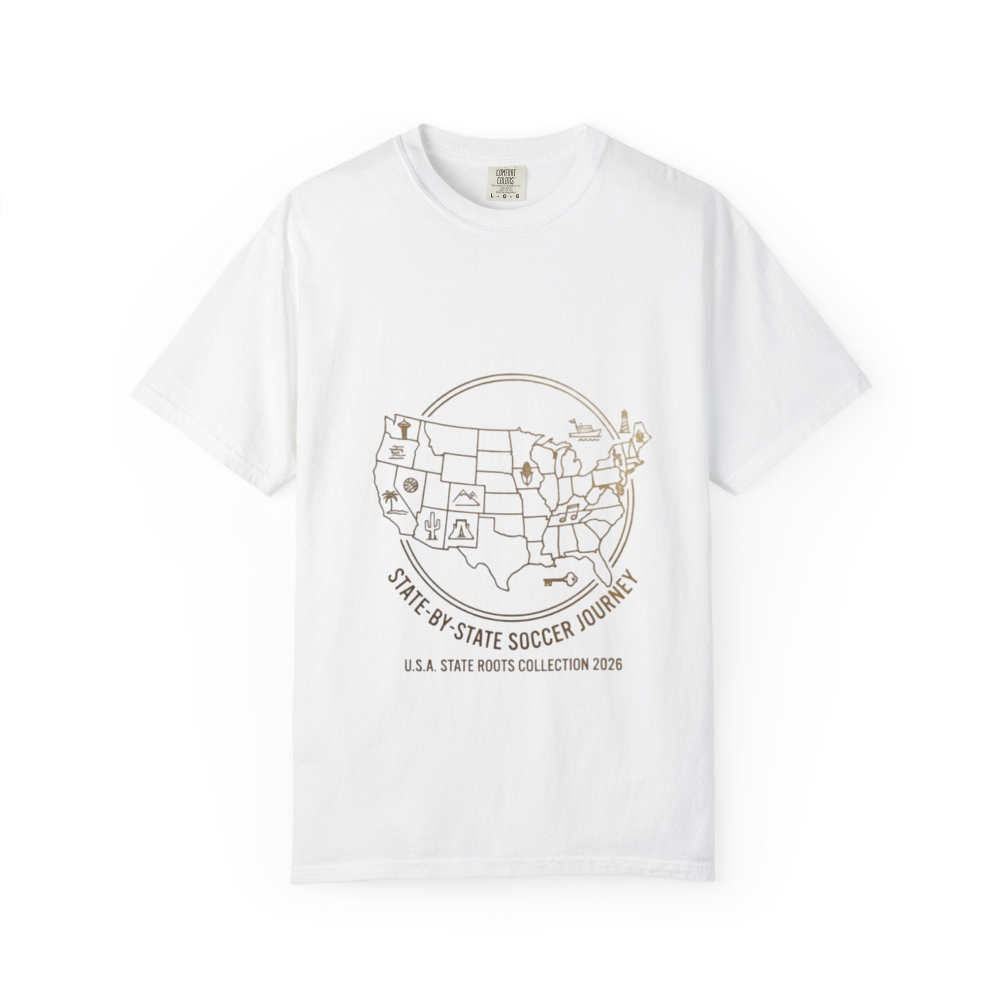 State-by-State Soccer Journey T-Shirt — USA Map Soccer Tour Tee