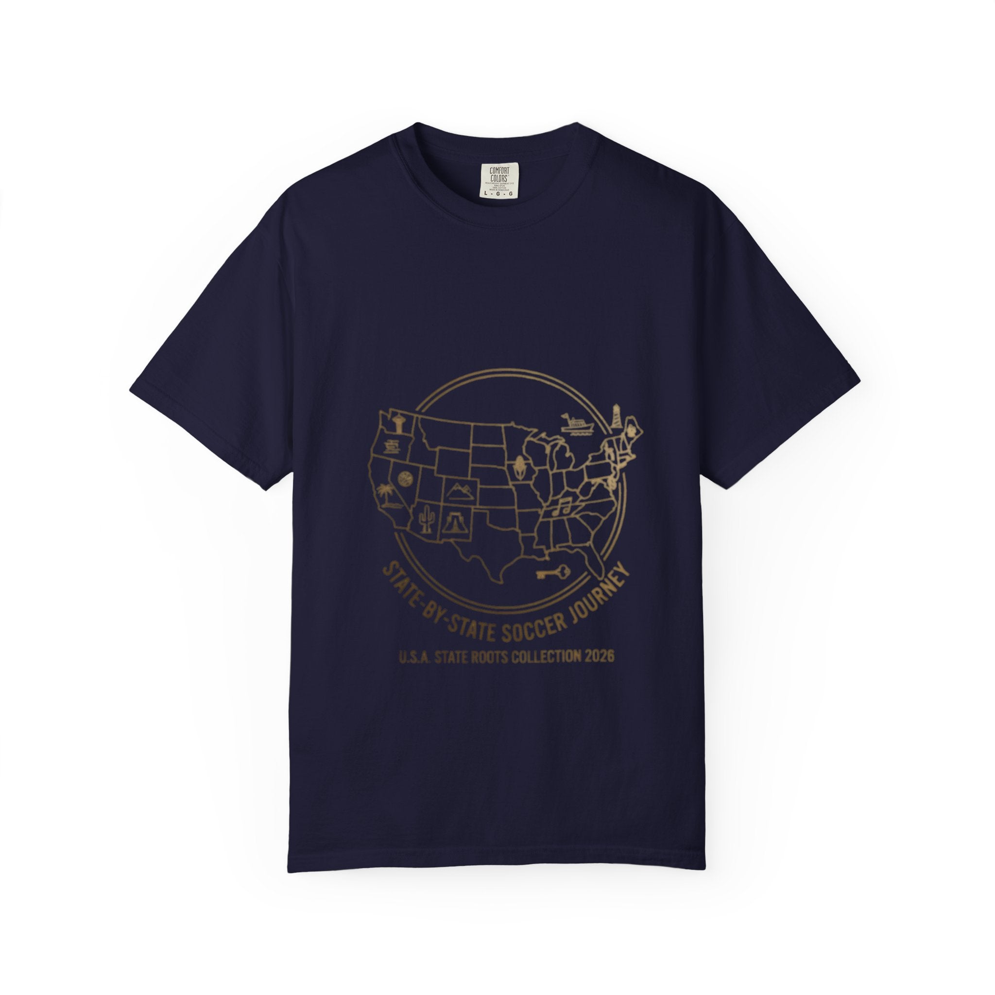 State-by-State Soccer Journey T-Shirt — USA Map Soccer Tour Tee